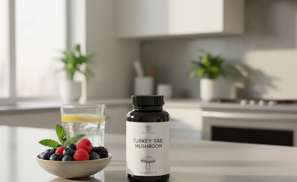 A visually appealing arrangement featuring the prominent turkey tail mushroom mary ruth supplement bottle alongside fresh, vibrant ingredients suggesting natural wellness.