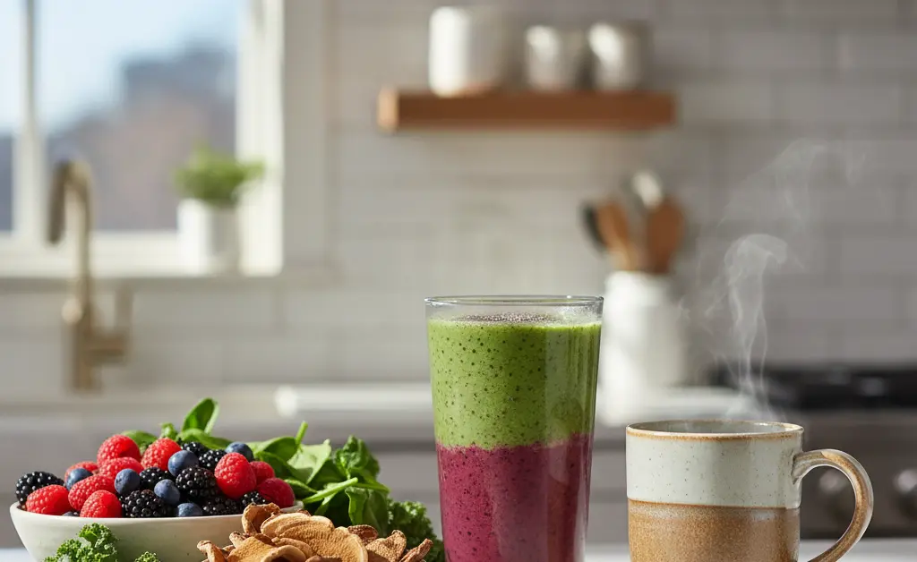 A visually appealing depiction of various health-conscious preparations featuring the turkey tail mushroom polysaccharide.