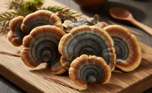 A close-up, photorealistic shot of fresh turkey tail mushrooms, showcasing their vibrant colors and texture, illustrating the concept of turkey tail mushroom price.