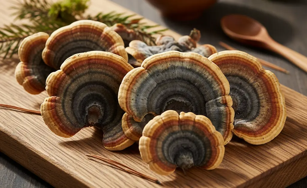 A close-up, photorealistic shot of fresh turkey tail mushrooms, showcasing their vibrant colors and texture, illustrating the concept of turkey tail mushroom price.