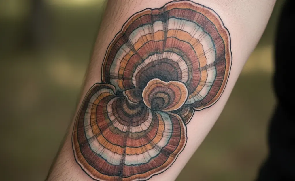 An artistic and realistic depiction of a turkey tail mushroom tattoo inked on skin.