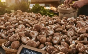 A vibrant display of fresh shiitake mushrooms at a farmer's market, illustrating where to buy shiitake mushrooms for cooking.