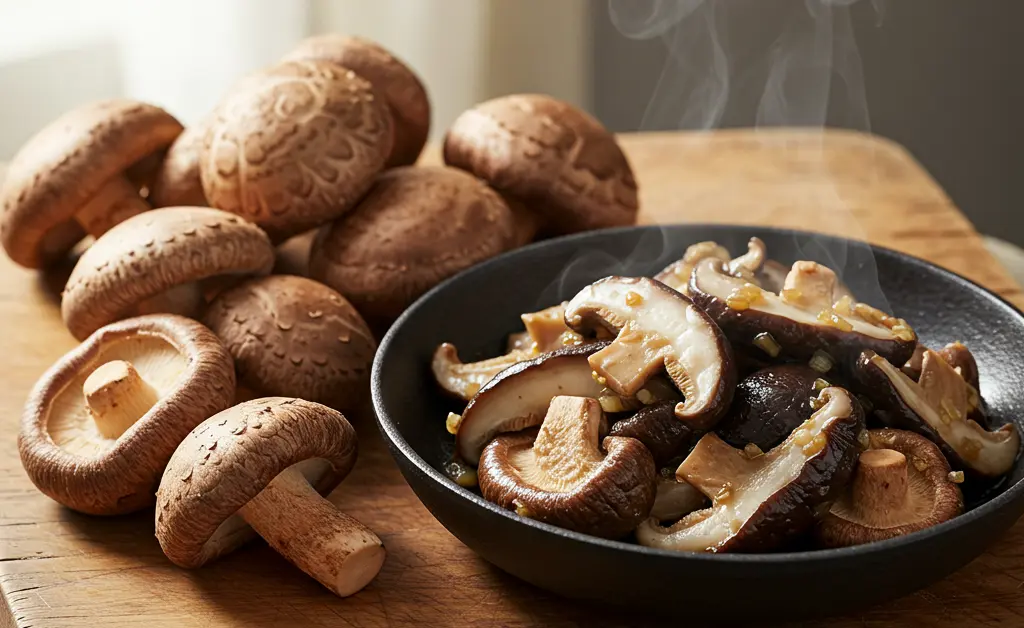 A close-up shot displays both fresh, uncooked shiitake mushrooms on a wooden surface next to a steaming, cooked shiitake dish, visually exploring the question of whether can shiitake be eaten raw.