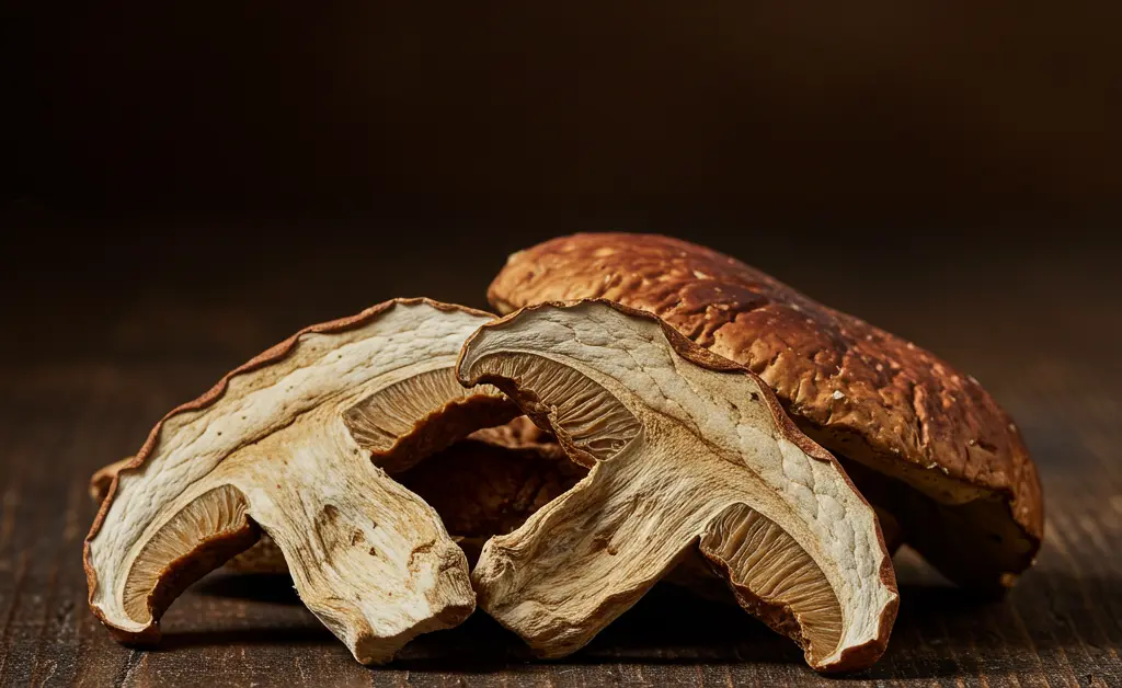 A close-up view reveals the rich texture and earthy tones of high-quality dried porcini mushrooms, ready for culinary use.