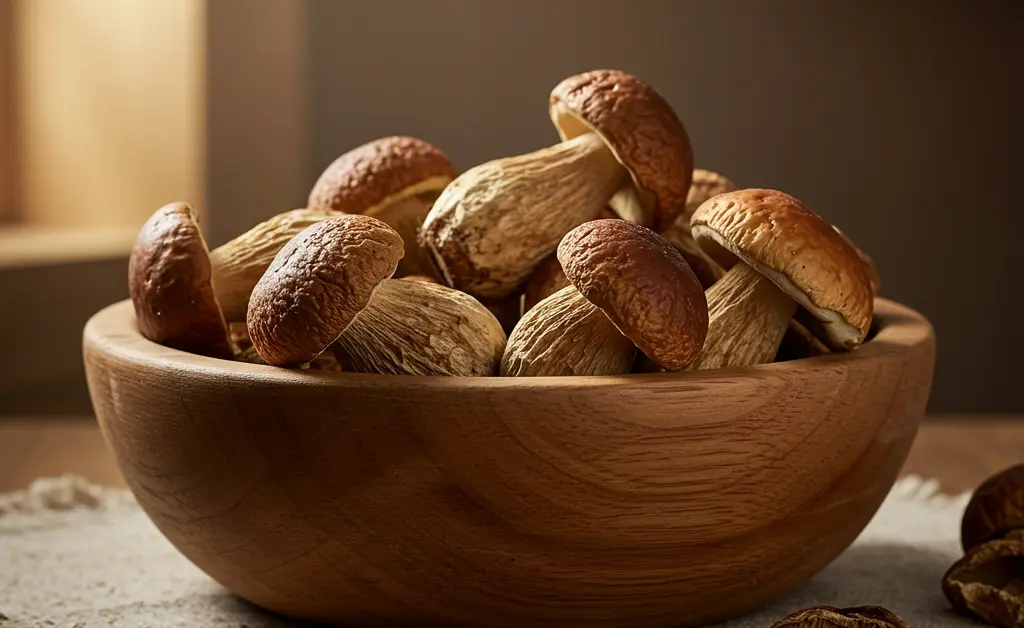 A rustic wooden bowl filled with high-quality, whole dried porcini mushrooms sits on a textured linen cloth.