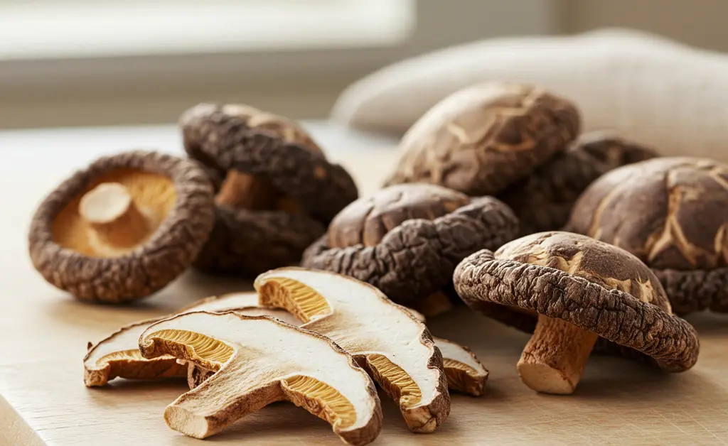 An inviting arrangement of whole and sliced dark brown dried shiitake mushrooms rests on a natural wooden surface, ready for culinary use.