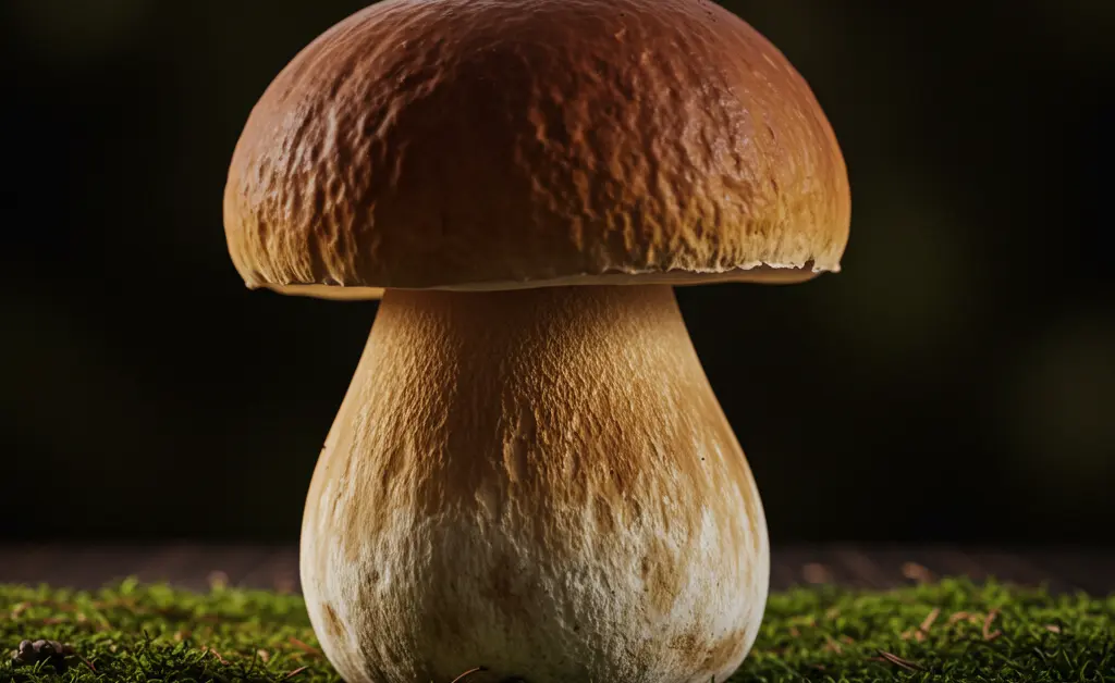 A close-up view highlights the rich texture and earthy tones of a beautifully harvested fresh porcini mushroom.