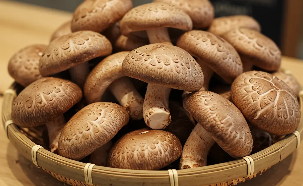 A vibrant pile of carefully selected fresh shiitake mushrooms sits in a rustic woven basket on a market stall, ready for purchase.