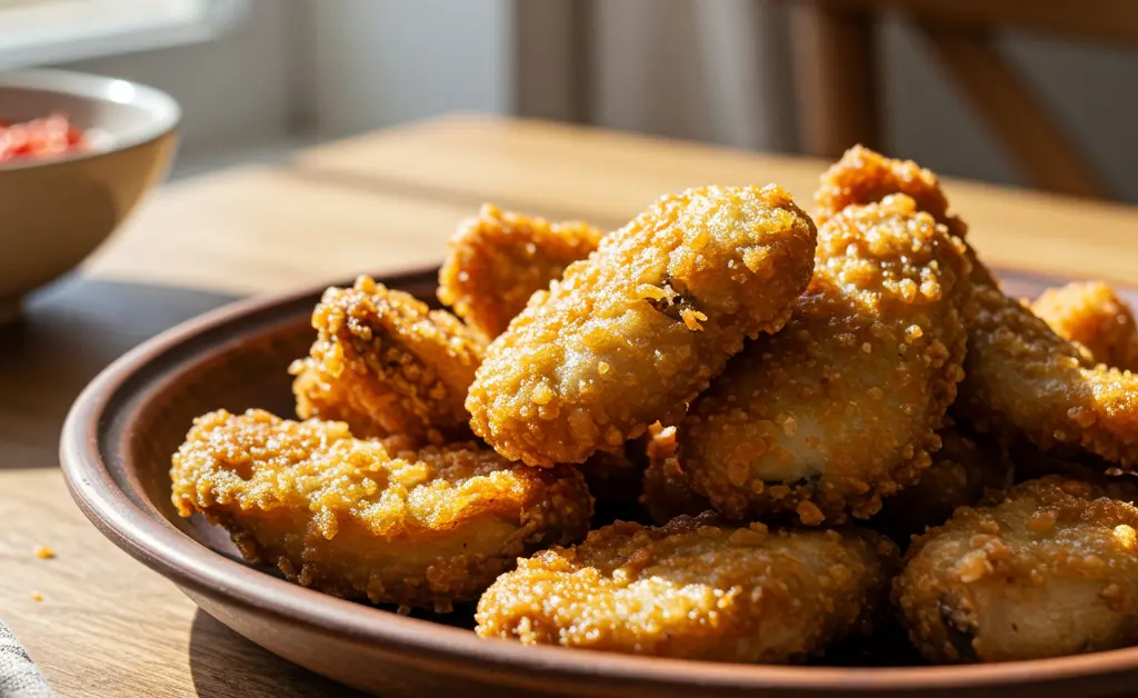 A close-up, overhead shot highlights a perfectly prepared dish, illustrating a delicious fried oyster mushroom recipe with golden-brown, crispy textures on a rustic plate.