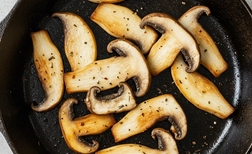 Perfectly seared, golden-brown king oyster mushrooms showcasing their desirable meaty texture, illustrate the delicious results when you understand how long to cook king oyster mushroom.