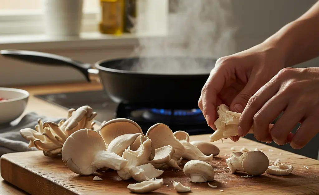 A close-up shot illustrates the practical steps involved in how to cook oyster mushrooms, showing fresh ingredients on a wooden cutting board next to a sizzling pan.