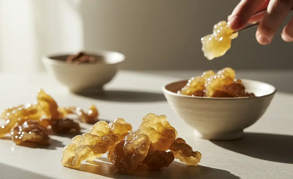 A close-up shot on a clean, light-colored kitchen counter illustrates the essential steps on how to cook tremella mushroom, showcasing its unique rehydrated and dried forms.