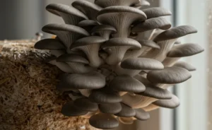 A bountiful cluster of fresh, vibrant grey oyster mushrooms growing on a textured substrate block, visually demonstrating how to grow oyster mushrooms successfully at home.