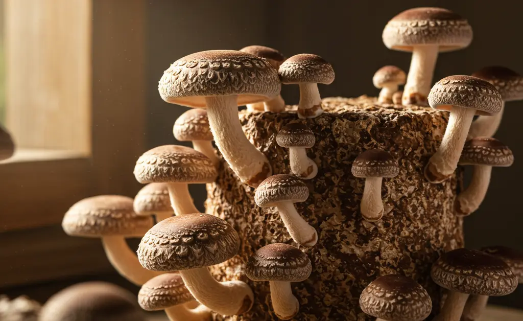 A close-up view captures freshly grown shiitake mushrooms emerging from an inoculated log, visually demonstrating how to grow shiitake mushrooms at home.