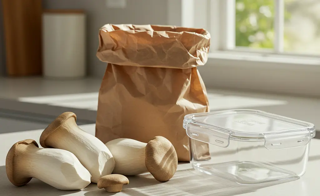 This image illustrates best practices for how to store king oyster mushroom to maintain their optimal freshness and quality.