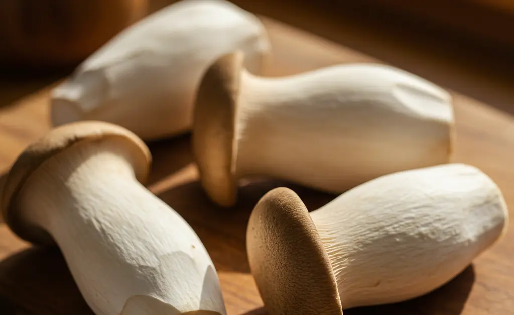 A close-up, editorial photograph showcases the unique texture and form of fresh king oyster mushrooms arranged on a cutting board, highlighting their potential as a source of king oyster mushroom protein for a healthy diet.