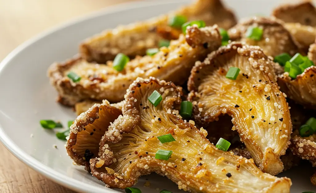 A close-up photograph showcases perfectly golden and crispy air-fried oyster mushrooms artfully arranged on a ceramic plate, embodying a delicious oyster mushroom air fryer recipe.