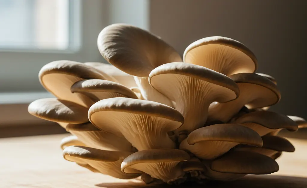 A visually appealing display of fresh, culinary-ready oyster mushrooms, emphasizing the natural oyster mushroom benefits for a healthy lifestyle.
