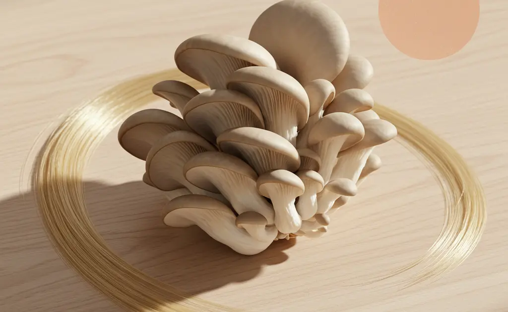 This editorial photograph beautifully illustrates the potential oyster mushroom benefits for skin and hair by presenting fresh, vibrant oyster mushrooms alongside representations of healthy, lustrous hair and radiant, clear skin.