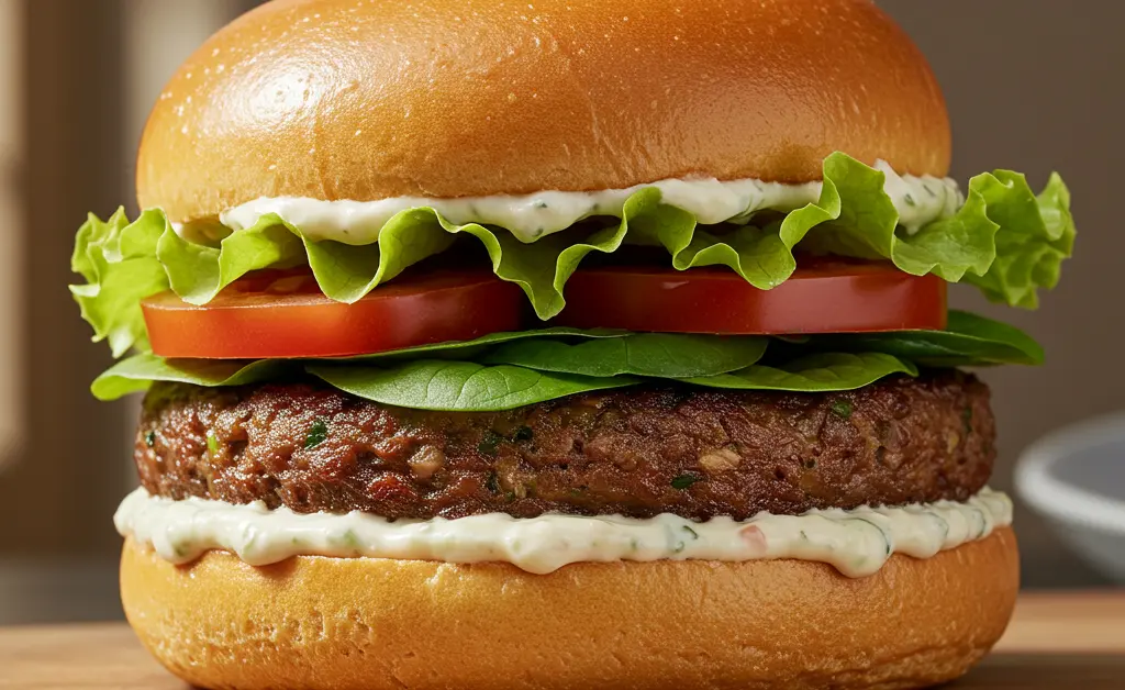 This visually appealing image showcases a mouth-watering oyster mushroom burger recipe, artfully arranged with vibrant toppings and a golden-brown bun on a rustic table.