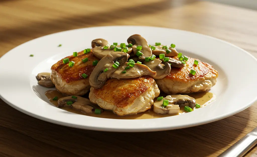 This beautifully plated and ready-to-eat dish perfectly represents an inviting oyster mushroom chicken recipe, showcasing succulent chicken and tender, savory mushrooms.