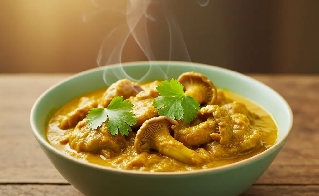 A vibrant, steaming bowl filled with a delicious, aromatic oyster mushroom curry recipe, garnished with fresh cilantro and served on a wooden table.