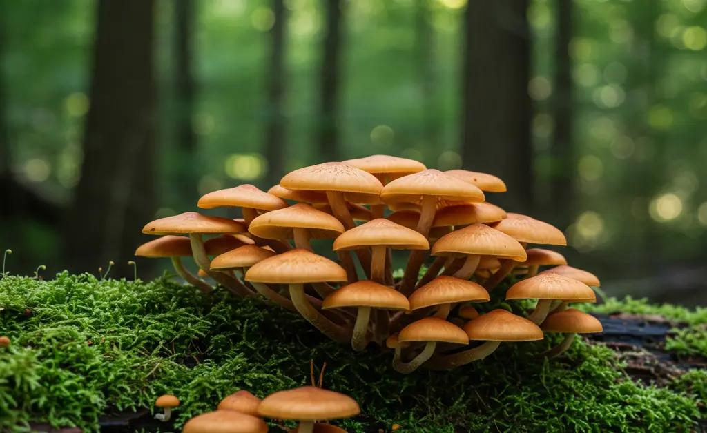 The vibrant oyster mushroom thrives in its natural forest habitat, depicted here as a striking cluster on a decaying log.
