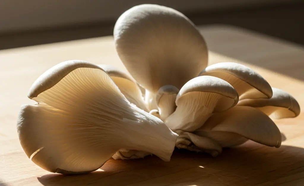 A visually appealing close-up photograph displays fresh, delicate oyster mushroom for pregnancy, carefully arranged in a minimalist setting with soft, natural daylight highlighting their unique texture.
