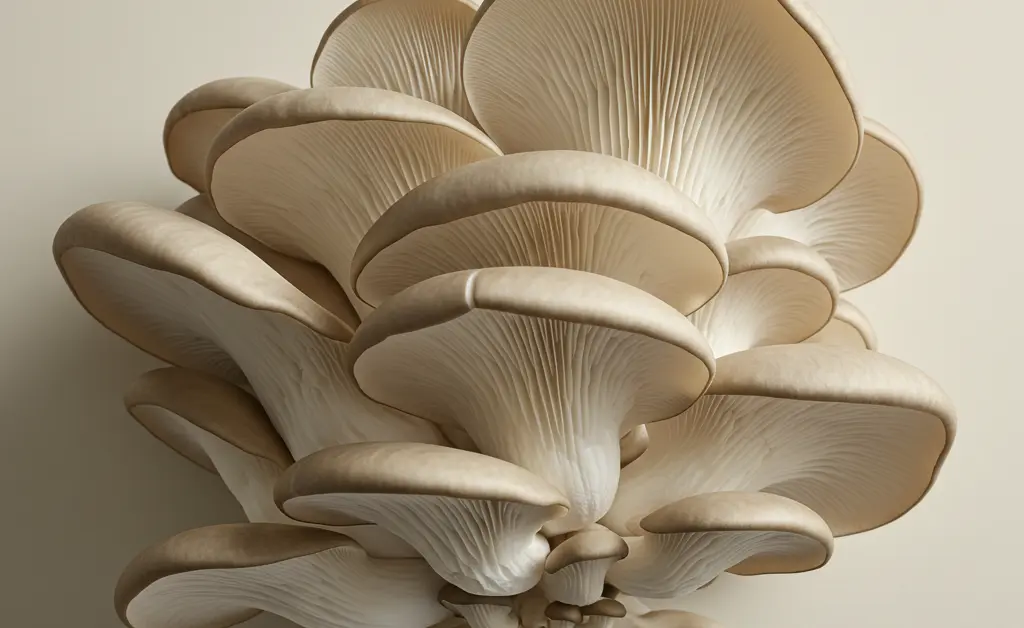 A vibrant cluster of fresh, healthy oyster mushrooms is artistically presented, highlighting the potential of oyster mushroom for specific conditions in holistic wellness.