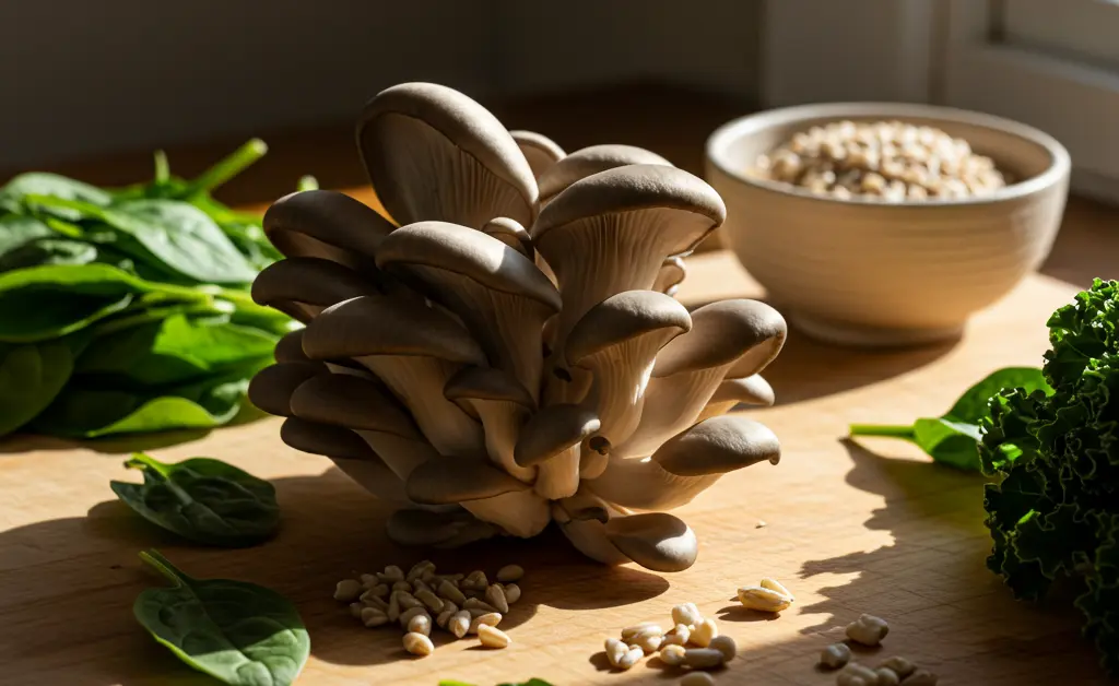 A vibrant close-up of fresh oyster mushrooms alongside other healthy ingredients on a rustic kitchen counter illustrates the potential of oyster mushroom for weight loss.