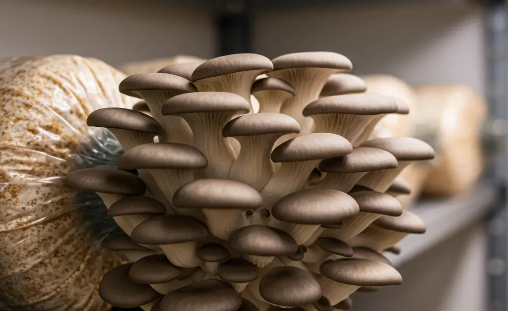 A bountiful harvest of fresh, delicate oyster mushrooms thrives in an indoor cultivation setup, meticulously demonstrating optimal oyster mushroom growing conditions for successful cultivation.