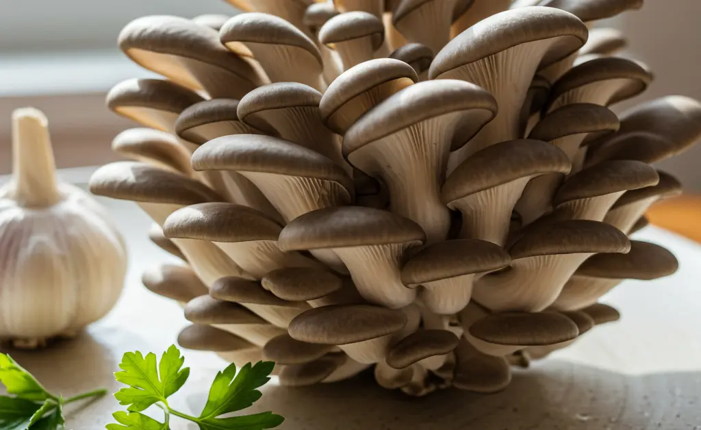 A beautifully arranged flat lay displays the key oyster mushroom nutrition facts against a backdrop of fresh culinary ingredients.
