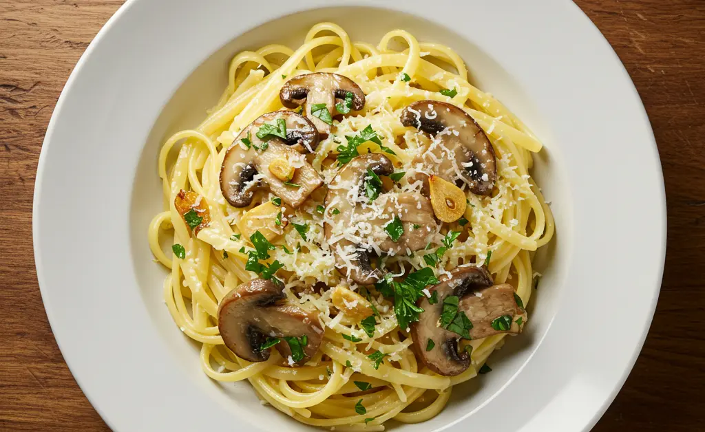 A beautifully plated, steaming bowl of freshly made oyster mushroom pasta recipe garnished with fresh herbs and a sprinkle of parmesan, ready to be enjoyed.