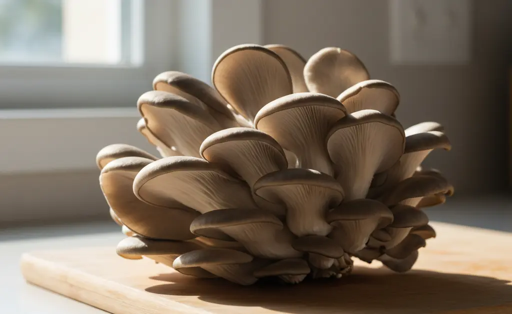 A visually appealing cluster of fresh, raw grey oyster mushrooms is carefully arranged on a rustic wooden board, underscoring the discussion about oyster mushroom protein content.