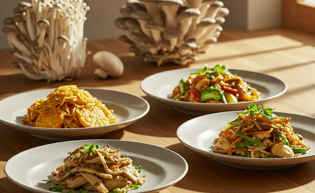 A beautifully arranged collection of diverse and appetizing dishes showcasing oyster mushroom recipes sits on a wooden kitchen island, bathed in soft natural light.