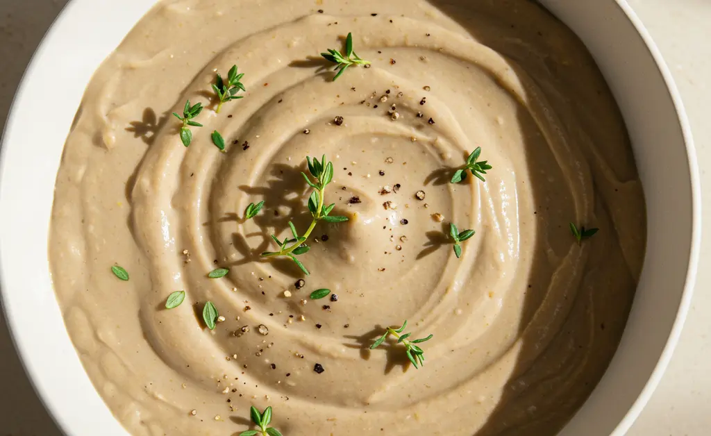 A rich, creamy vegan sauce, the delicious embodiment of an oyster mushroom sauce recipe, is elegantly presented in a modern white bowl, garnished with fresh thyme leaves.