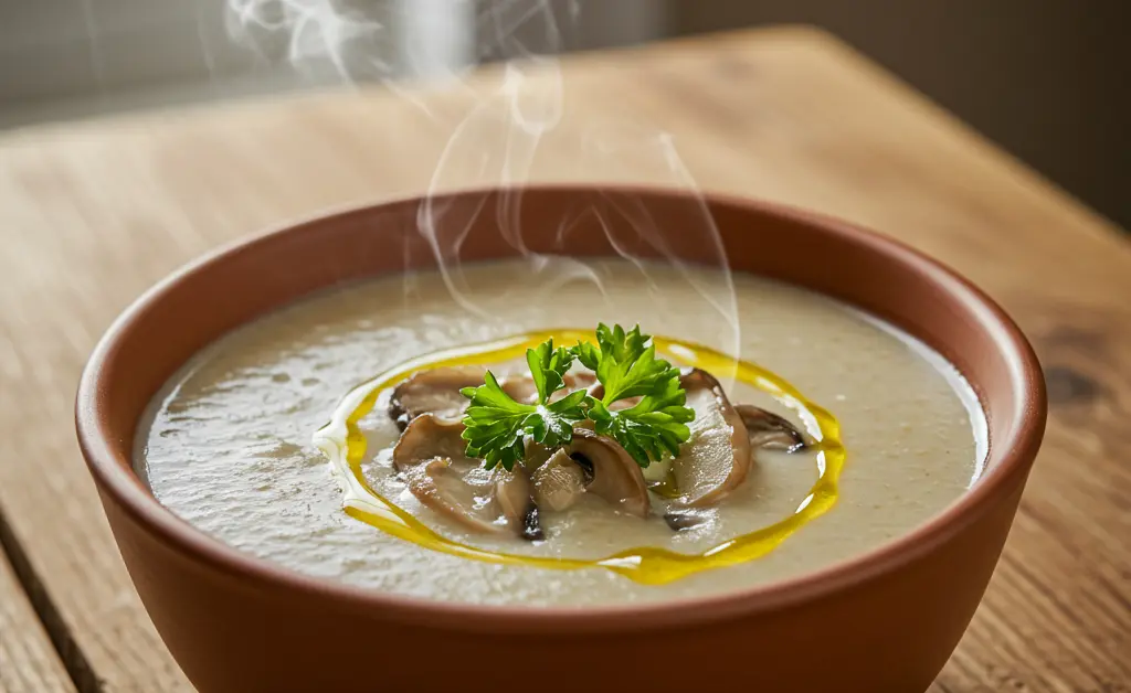 A steaming bowl of creamy oyster mushroom soup, garnished with fresh herbs and served alongside crusty bread, highlights a delicious oyster mushroom soup recipe.