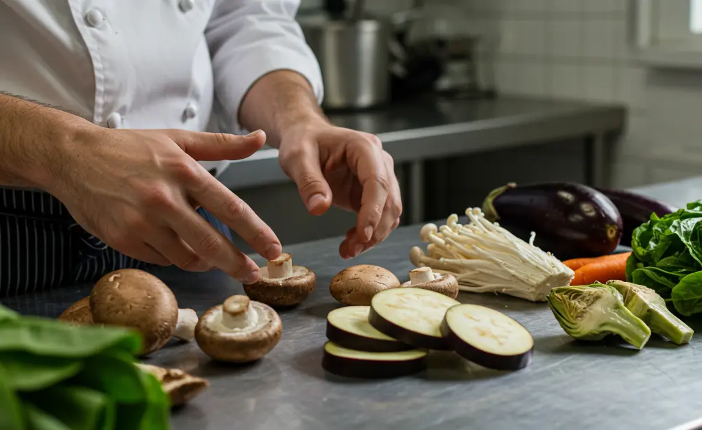 A professional chef carefully considers various culinary options laid out on a kitchen counter, showcasing an effective oyster mushroom substitute for a recipe.