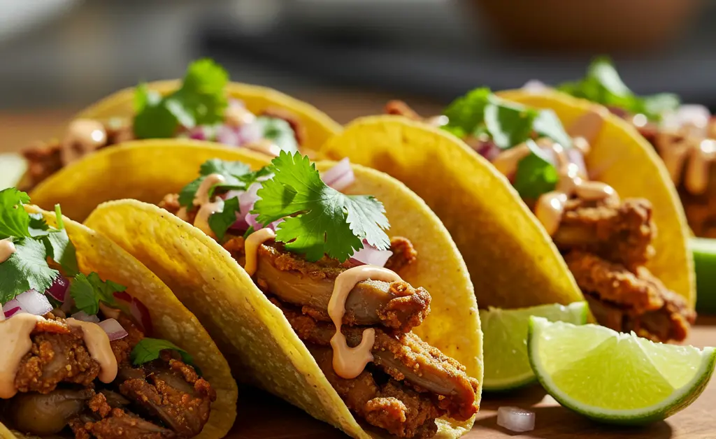 A stunning photograph showcases a fully prepared oyster mushroom tacos recipe on a rustic wooden board, garnished with fresh cilantro and lime wedges.