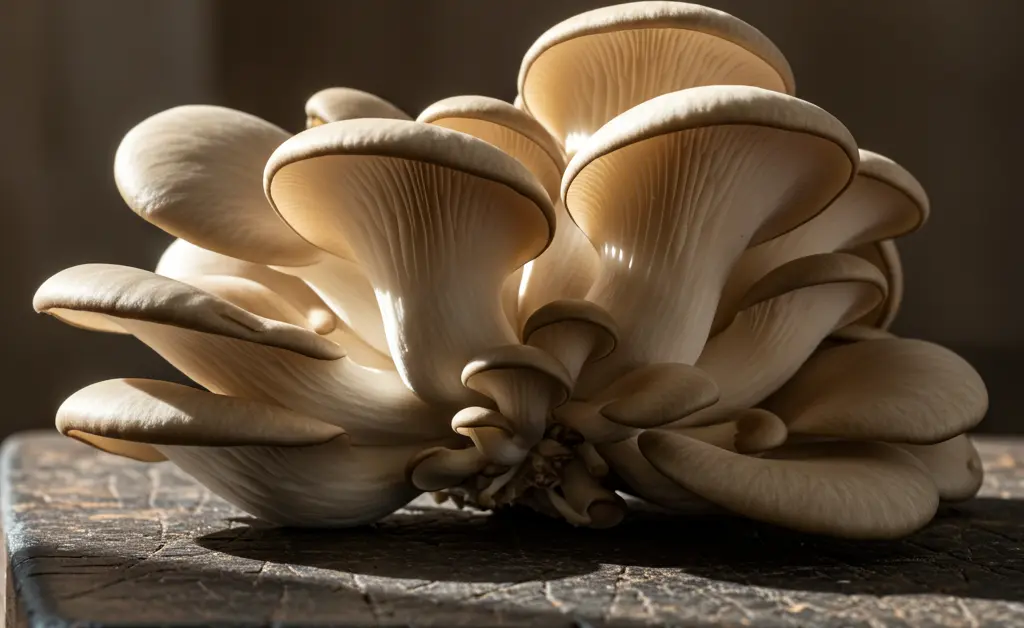 A beautifully arranged still life displays fresh oyster mushrooms on a rustic wooden board, emphasizing the natural source of oyster mushroom vitamins and minerals.