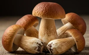 A close-up shot of freshly harvested porcini mushrooms highlights the potential porcini mushroom benefits for health and well-being.