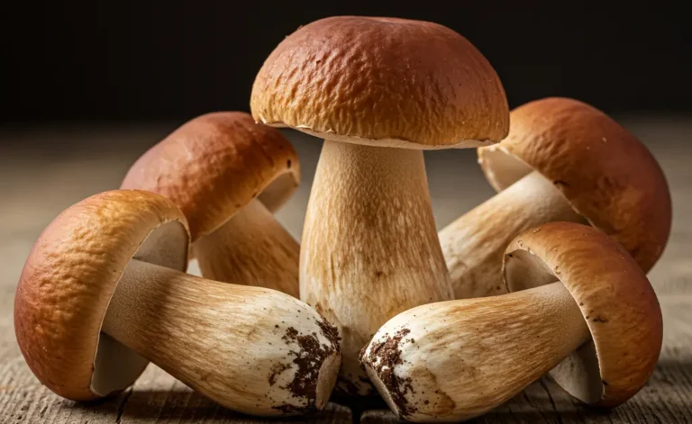 A close-up shot of freshly harvested porcini mushrooms highlights the potential porcini mushroom benefits for health and well-being.