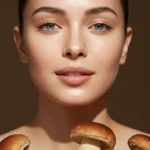 A radiant young woman with clear, glowing skin smiles gently, embodying the porcini mushroom benefits for skin through her healthy complexion.