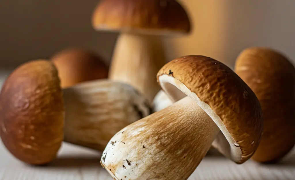 A still life arrangement featuring fresh, earthy porcini mushrooms on a rustic wooden board, representing the comprehensive porcini mushroom benefits for skin.