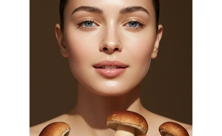 A radiant young woman with clear, glowing skin smiles gently, embodying the porcini mushroom benefits for skin through her healthy complexion.