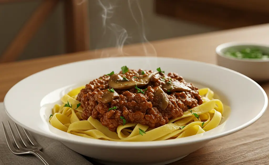 A close-up, top-down view of a steaming bowl of homemade porcini mushroom bolognese, garnished with fresh basil leaves and grated Parmesan cheese, ready to be enjoyed.