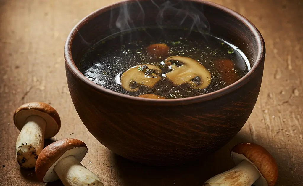 A steaming bowl of dark, rich porcini mushroom broth sits on a rustic wooden table, garnished with fresh herbs, ready to be enjoyed.