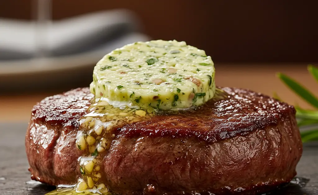 A close-up, beautifully styled shot showcasing a dollop of melted, rich porcini mushroom butter resting on a golden-brown pan-seared steak, garnished with fresh thyme, against a softly blurred culinary background.