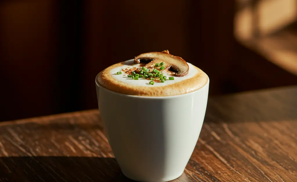 A gourmet porcini mushroom cappuccino, exquisitely presented with a frothy, creamy topping and fresh herb garnish, is ready to be enjoyed as a sophisticated appetizer.