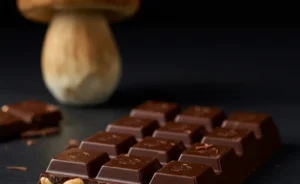 A beautifully crafted porcini mushroom chocolate bar, with visible porcini flecks, sits invitingly on a minimalist wooden table, bathed in soft, natural light, ready to be sampled.